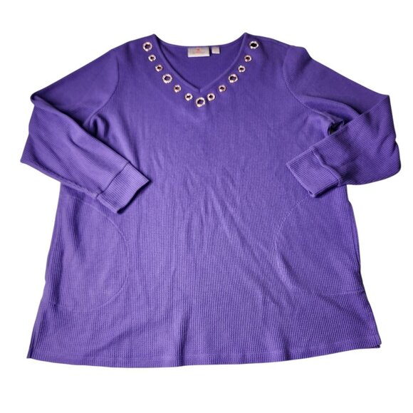 Quacker Factory Shirt Womens Purple Waffle Knit Long Sleeve Rhinestone Rivets 1X - Picture 3 of 9